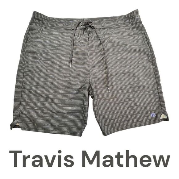 Travis Mathew Men's Striped High Rise Swim Trunk Board Shorts Gray White Size 40 - Picture 1 of 6